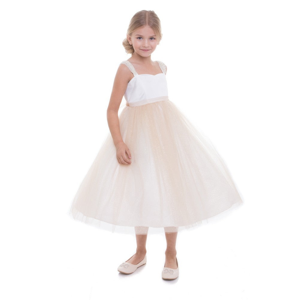 Kleine Mädchen Champagner Perle Schulter Mesh Blumenmädchen Kleid 2T-6
