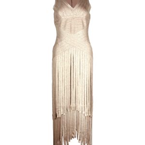Herve Leger Tiered Fringed Metallic Midikleid in Gold Rayon 7748776230972