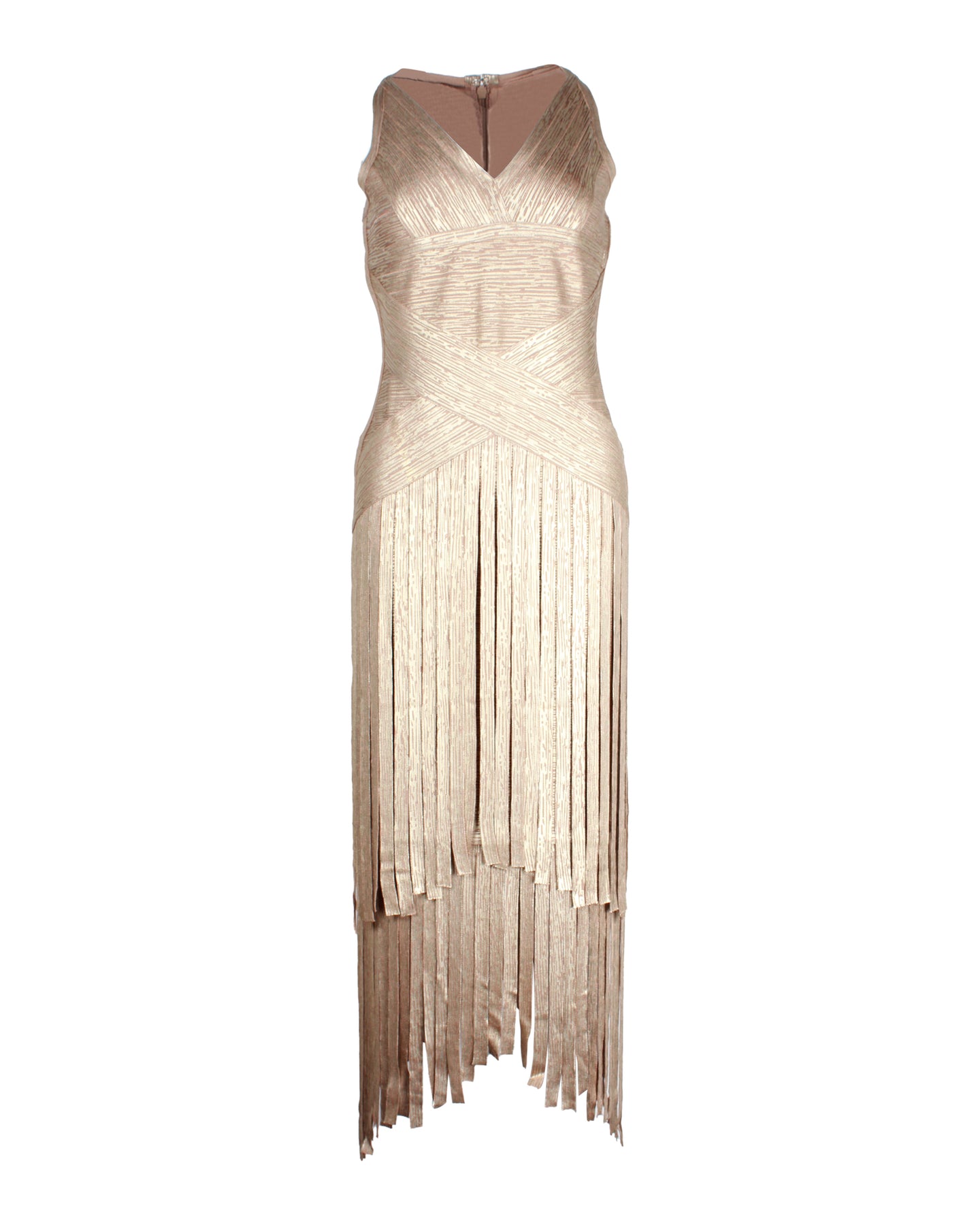 Herve Leger gestreiftes Midikleid mit Fransen aus Metall in Gold Viskose