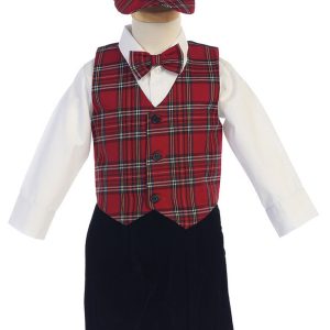 Rot-Schwarz-Karomuster-Weste-Samt-Slip-Set für kleine Jungen, Outfit 2T-5