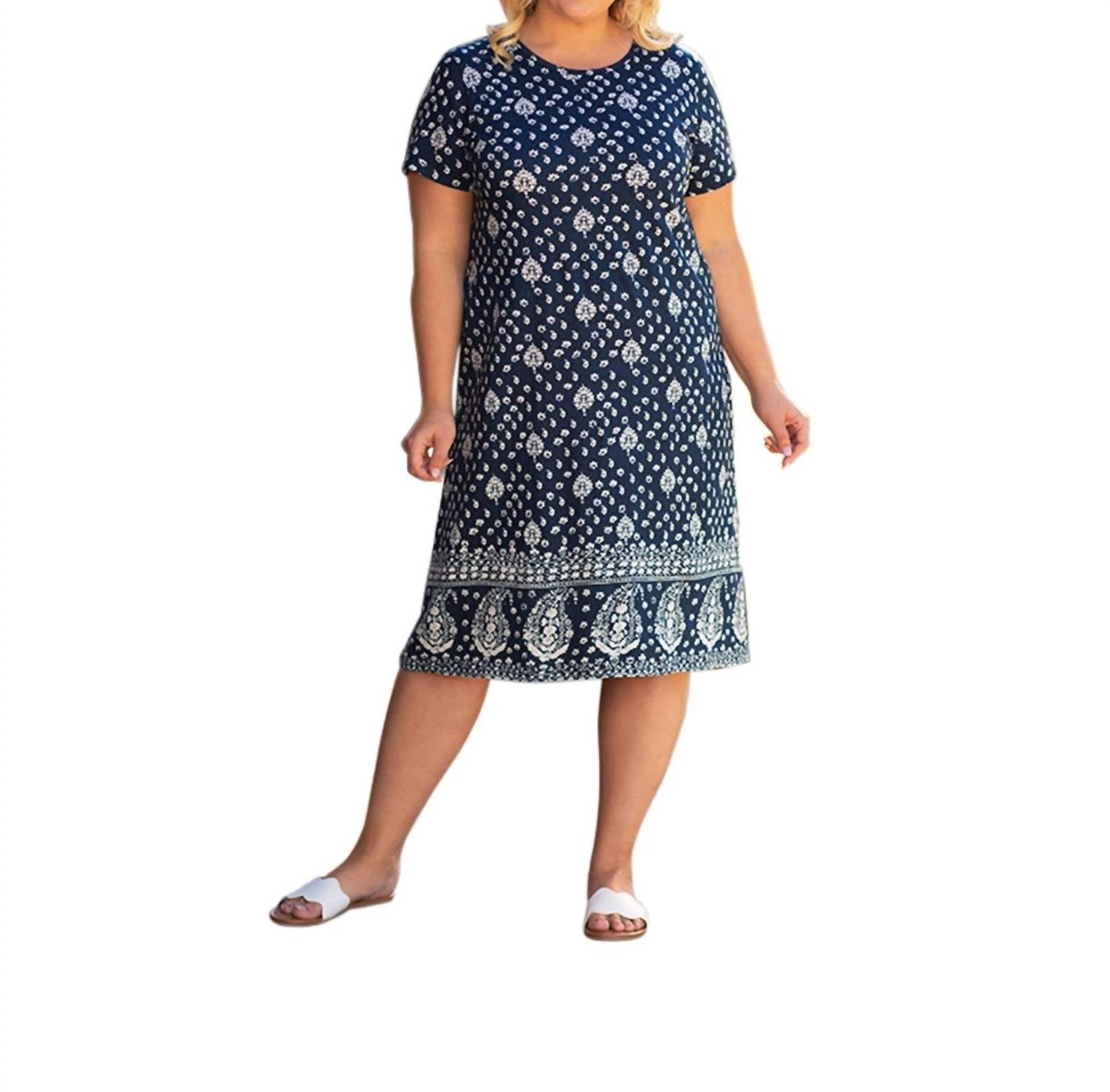 Kurzärmeliges U-Ausschnitt-Penelope-Kleid aus Baumwolle – Übergröße In Charleston Blau