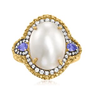 Ross-Simons 12x16mm Cultured Mabe Pearl and . Tanzanite Ring mit . weißen Topas in 18kt Gold über Sterling