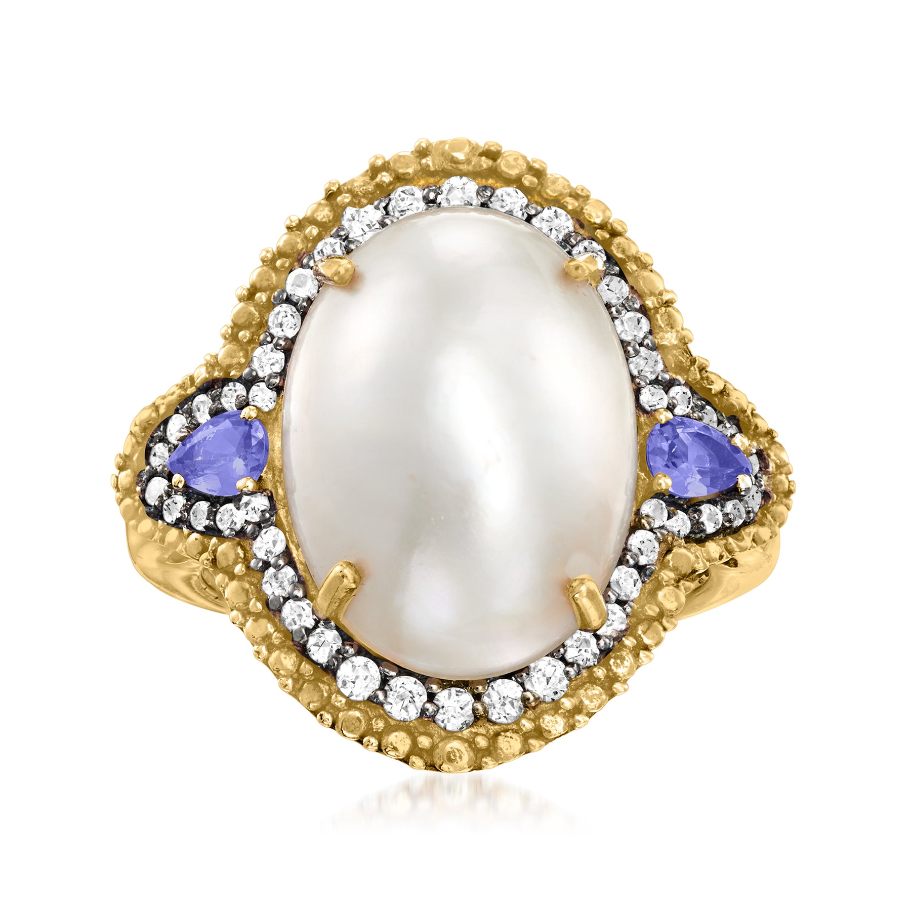 Ross-Simons 12x16mm kultivierte Mabe Perle und. Tansanit Ring mit. Weiße Topas in 18kt Gold über Sterling
