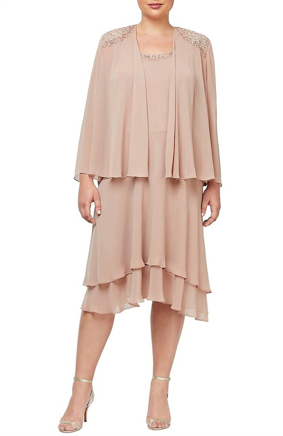 Pailletten Schulter gestaffelte Jacke Kleid in Nude