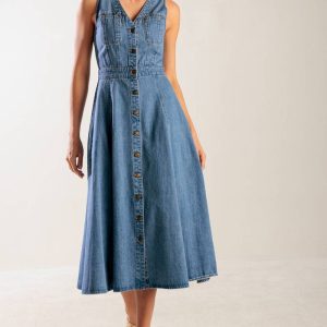 THE JOURNEY BEGINS Blaues Denim-Midikleid