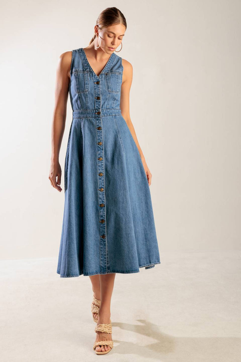 DIE REISE BEGINNT Blau Denim MIDI Kleid