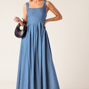 PASSIFLORA INDIGO Denim Midikleid