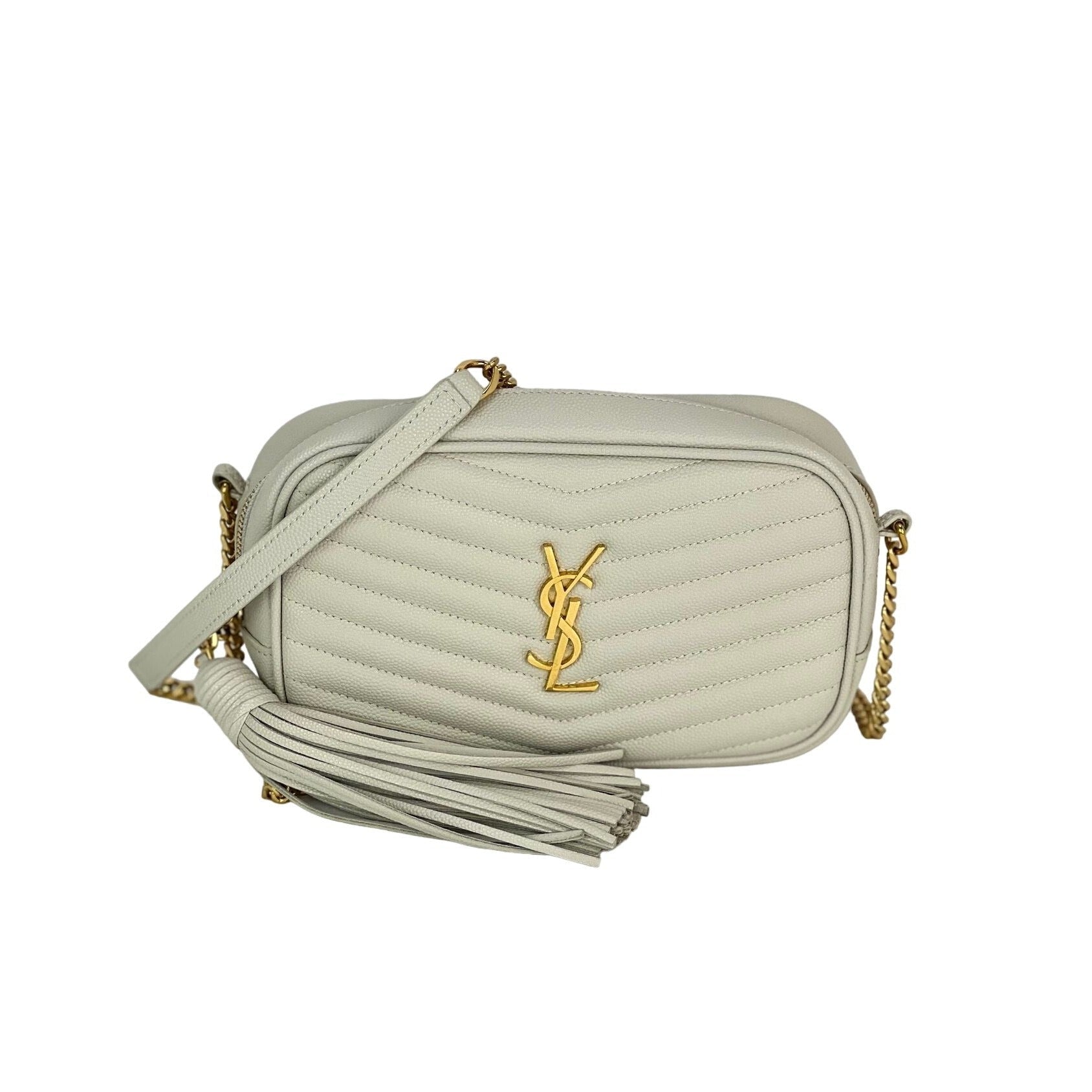Saint Laurent Mini Lou Kamera Grain De Poudre Matelasse weiße Schultertasche