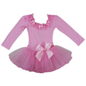 Rosa Ballettkleid mit Spitzenbesatz und Schleifen für Mädchen, langärmlig, S (9–24 Monate)–XL (6–8 Jahre)