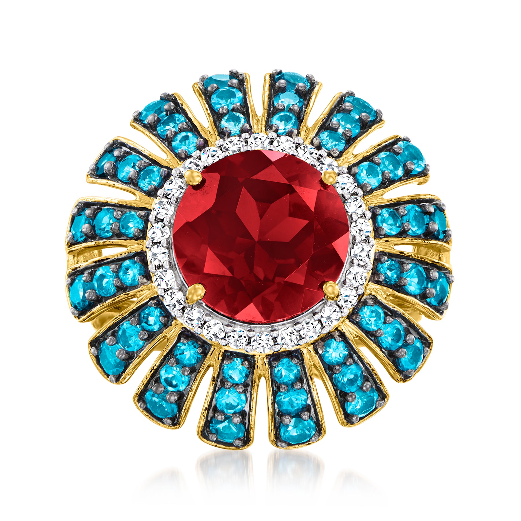 Ross-Simons Granat und London Blau Topaz Ring mit weißen Zirkonen in 18kt Gold über Sterling