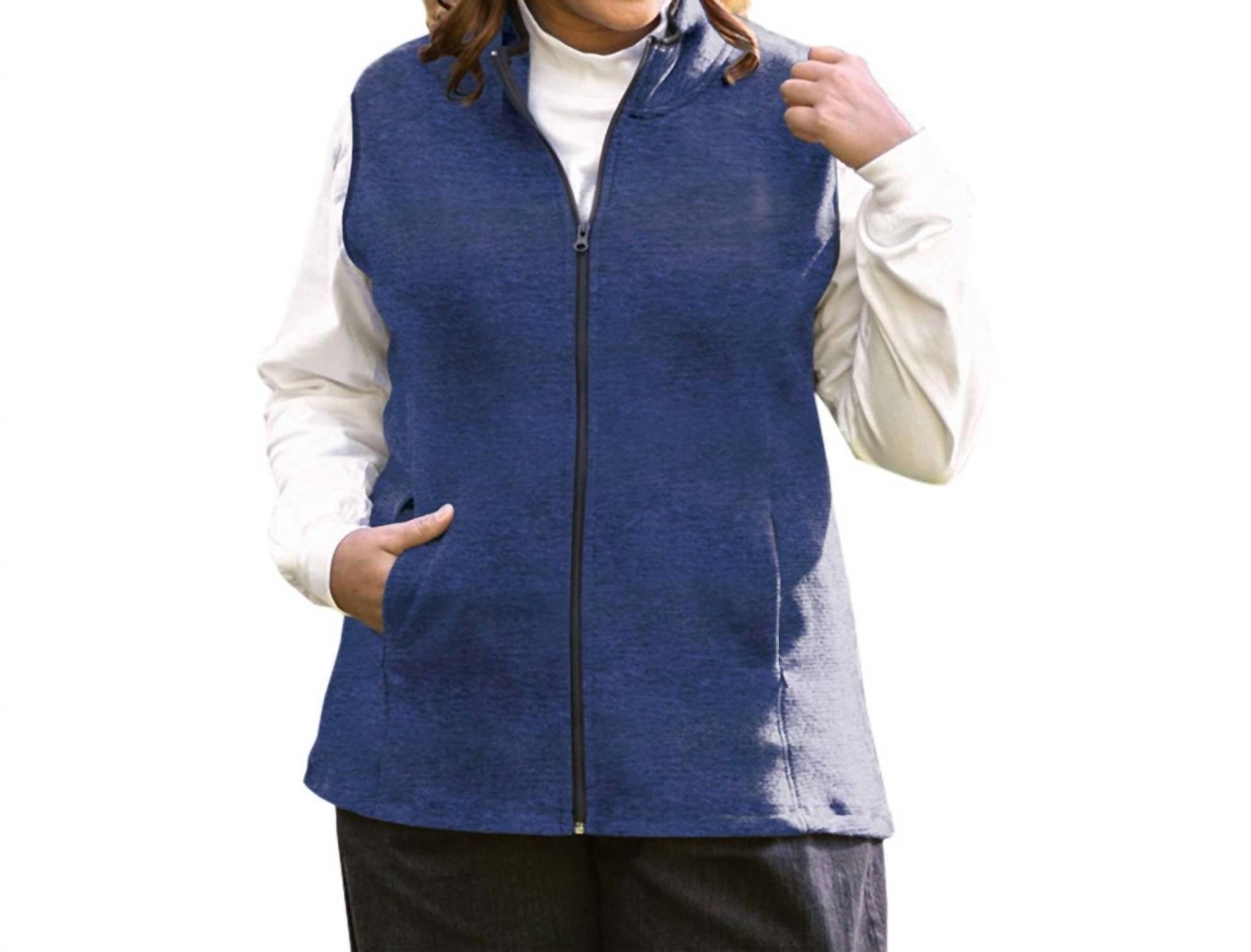 Lyddie ärmellos Zip Up Fleece Weste – plus Größe in blau und schwarz