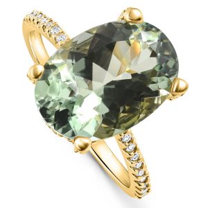 5 3/4Ct oval Grün Amethyst Diamant Seite Halo Ring 14k Gelbgold Lab gewachsen