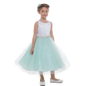 große Mädchen Minze Satin Tüll Strass Junior Brautjungfer Kleid 8-16