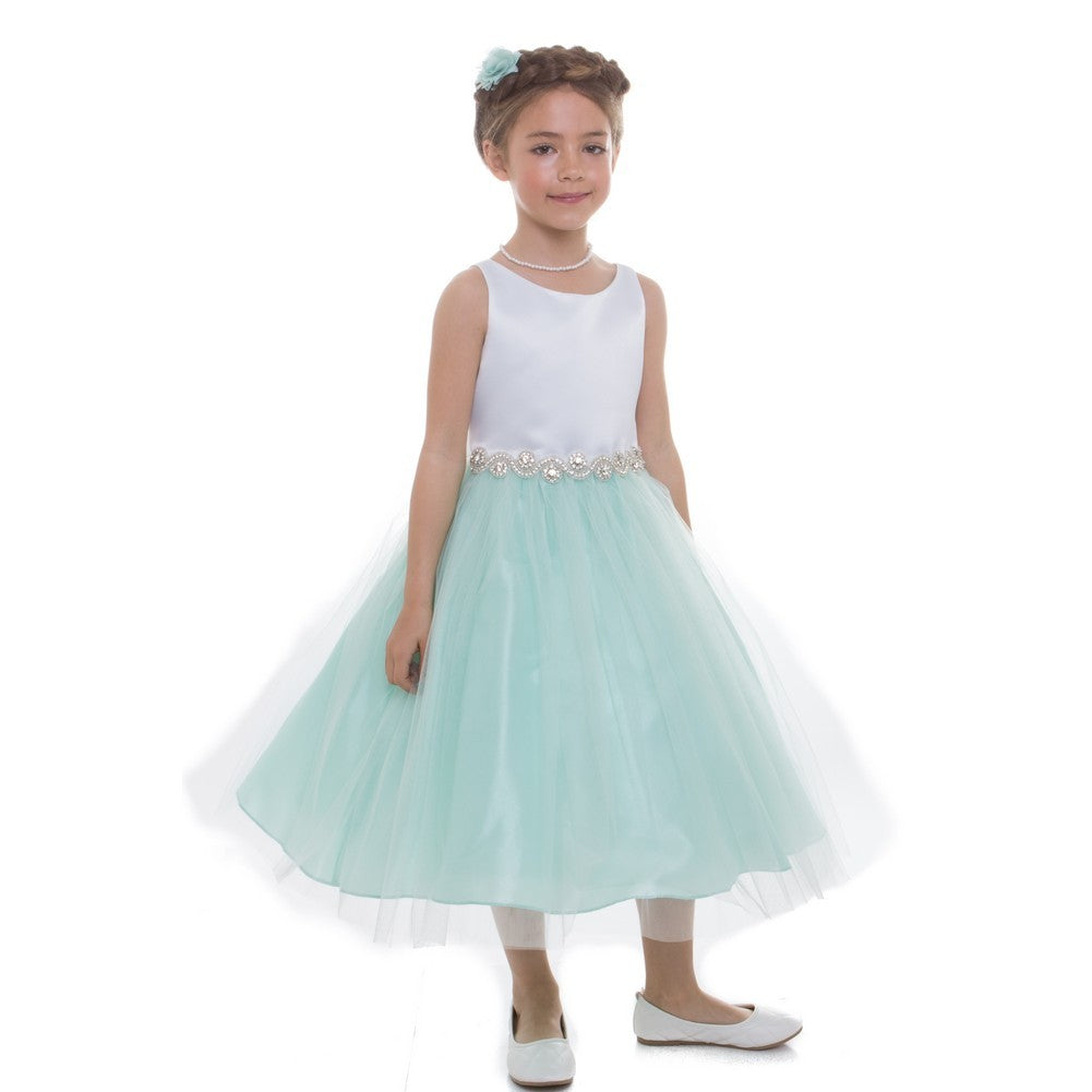 Große Mädchen Minze Satin Tüll Strass Junior Brautjungfernkleid 8-16