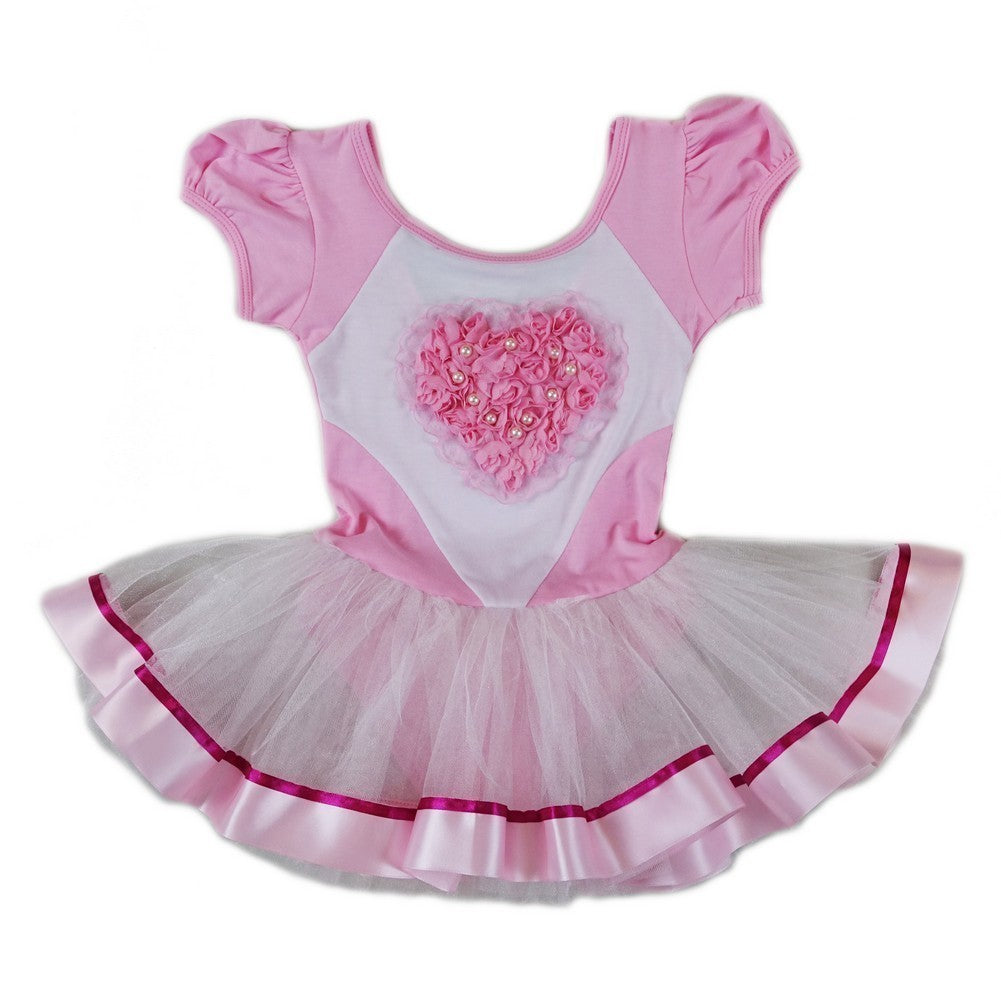 Ballettkleid für Mädchen, Rosa, Weiß, Perlen-Rosen-Herz, S (9–24 Monate)–XL (6–8)