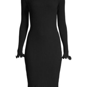 Damen drahtgebundenen Rand langen Ärmel gerippt Einbau Bodycon Kleid in schwarz