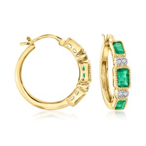 Ross-Simons Emerald and . Diamond Hoop Ohrringe in 18kt Gold über Sterling