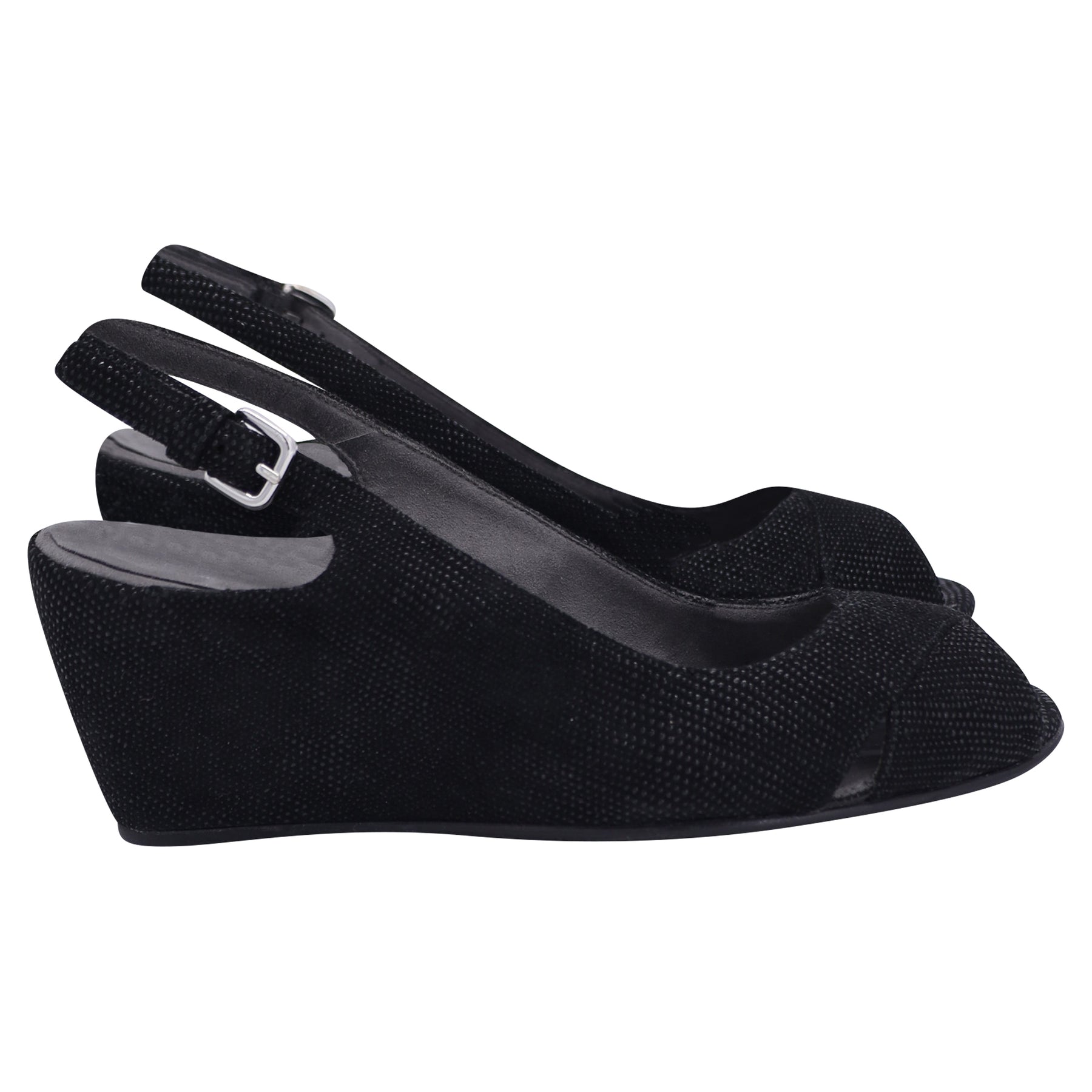 Stuart Weitzman Peep-Toe Slingback Keilabsatz aus schwarzer Baumwolle