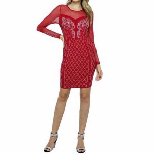 Langarmkleid mit Strass in rot verziert