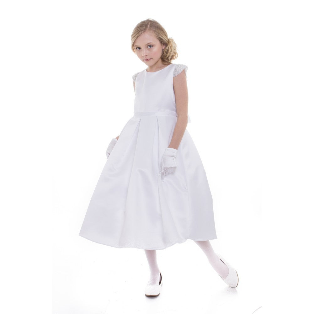 Kleine Mädchen Weiß Dull Satin Perlen Blumenmädchen Kleid 2T-6