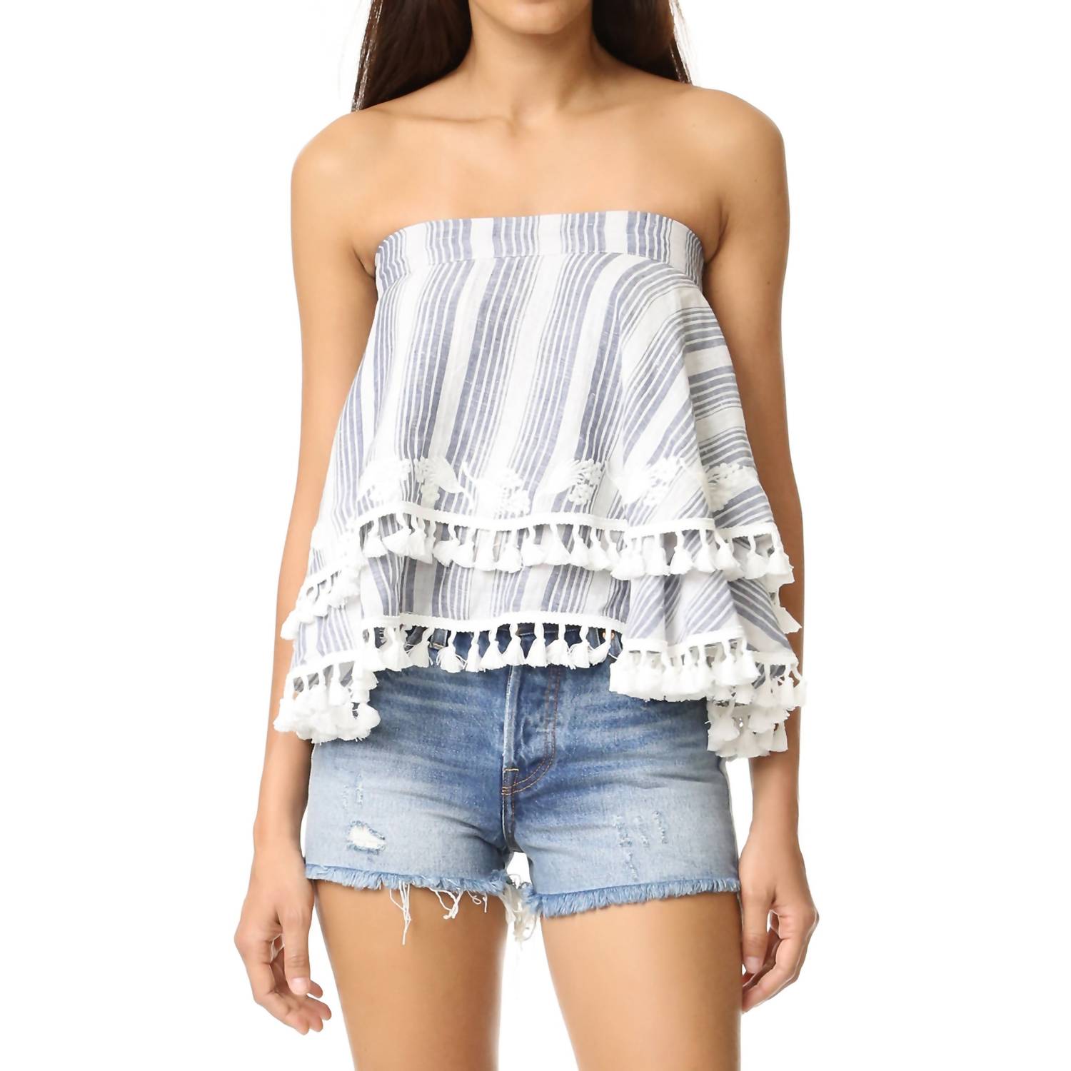 Damen Amaris Quaste Besatz bestickt mit Blumenmuster trägerlosen Top In Weiß / blau