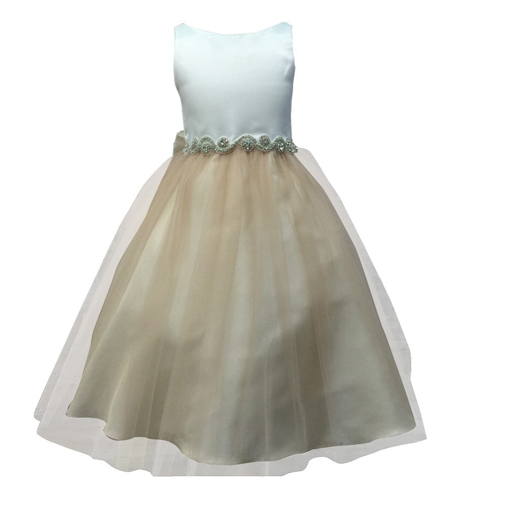Große Mädchen Champagner Tüll Strass Junior Brautjungfernkleid 8-16
