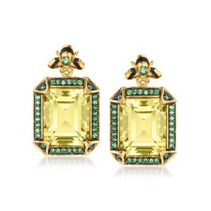 Ross-Simons Zitrone Quartz und Tsavorite Bumblebee Ohrringe mit schwarzer Emaille in 18kt Gold über Sterling