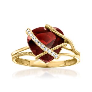 Ross-Simons Garnet Heart Ring mit Diamantakzenten in 14kt Gelbgold