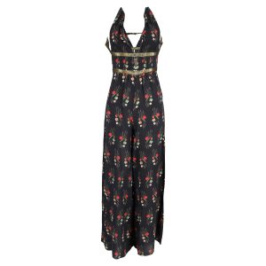 Rixo Blumen-Overall mit weitem Bein aus schwarzer Seide