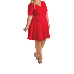 Kurzarm V-Ausschnitt Ponte Passform und Flare Kleid – plus Größe in leuchtend rot