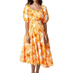 Blumendruck Baumwoll-Midikleid