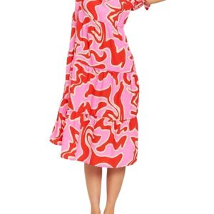 Abgestufte Kurzarm A-Linie Midi-Kleid in Fuchsia Combo