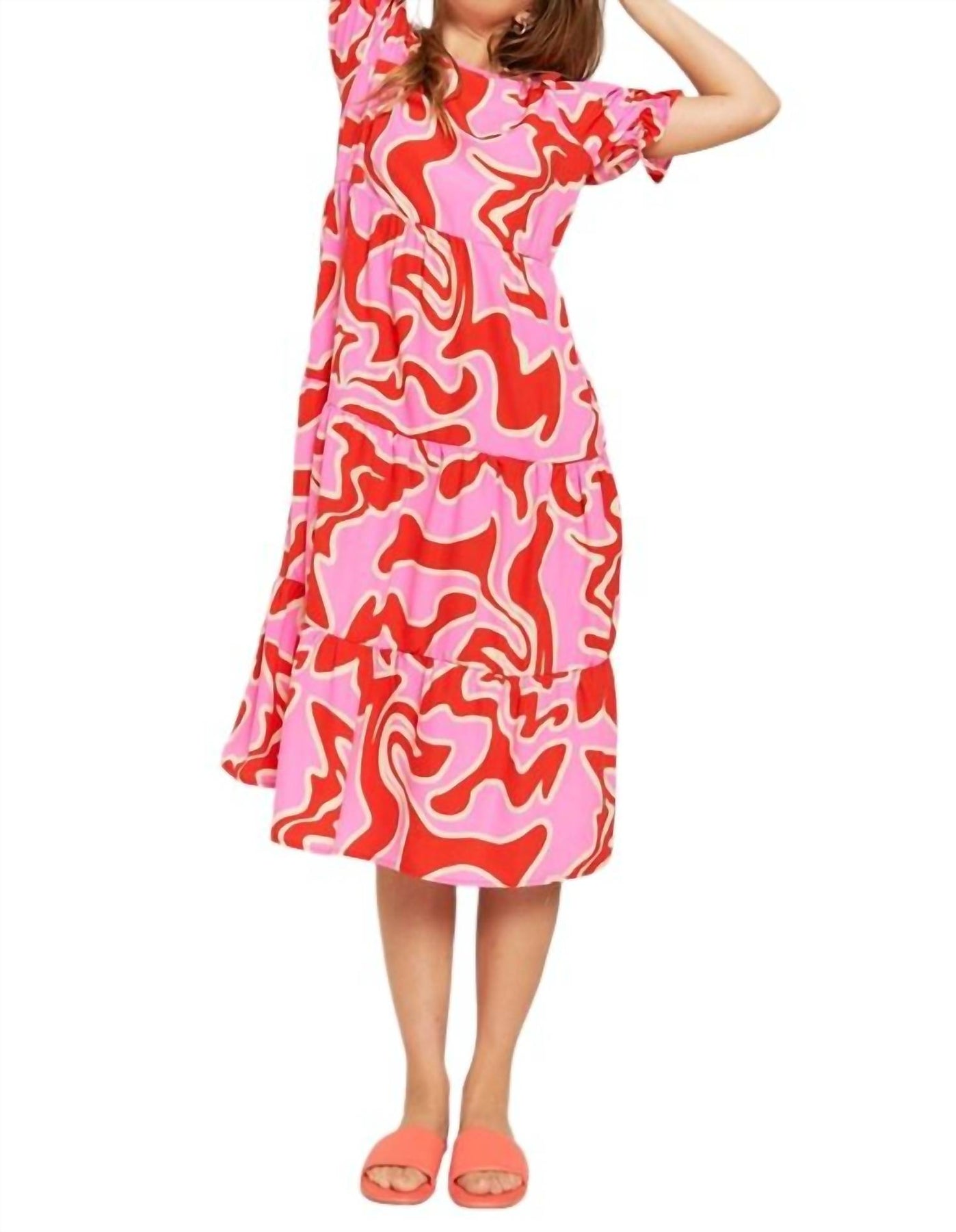 Abgestufte Kurzarm A-Linie Midi-Kleid in Fuchsia Combo
