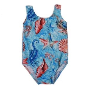 Lycra-Trikot mit blauem Meeresschild-inspiriertem Aufdruck für Mädchen, S (9–24 M)–XL (6–8)