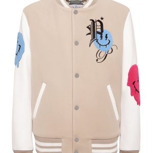 Woolen Cloth College Bomber mit Lederarm Lächeln