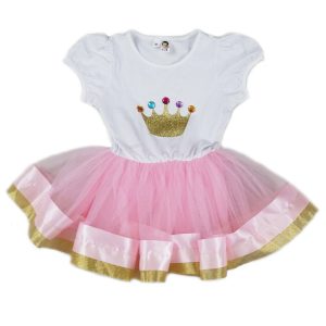Geburtstagskleid für Mädchen, Rosa, Weißgold, Kronen-Detail, S (9–24 Monate)–XL (6–8)