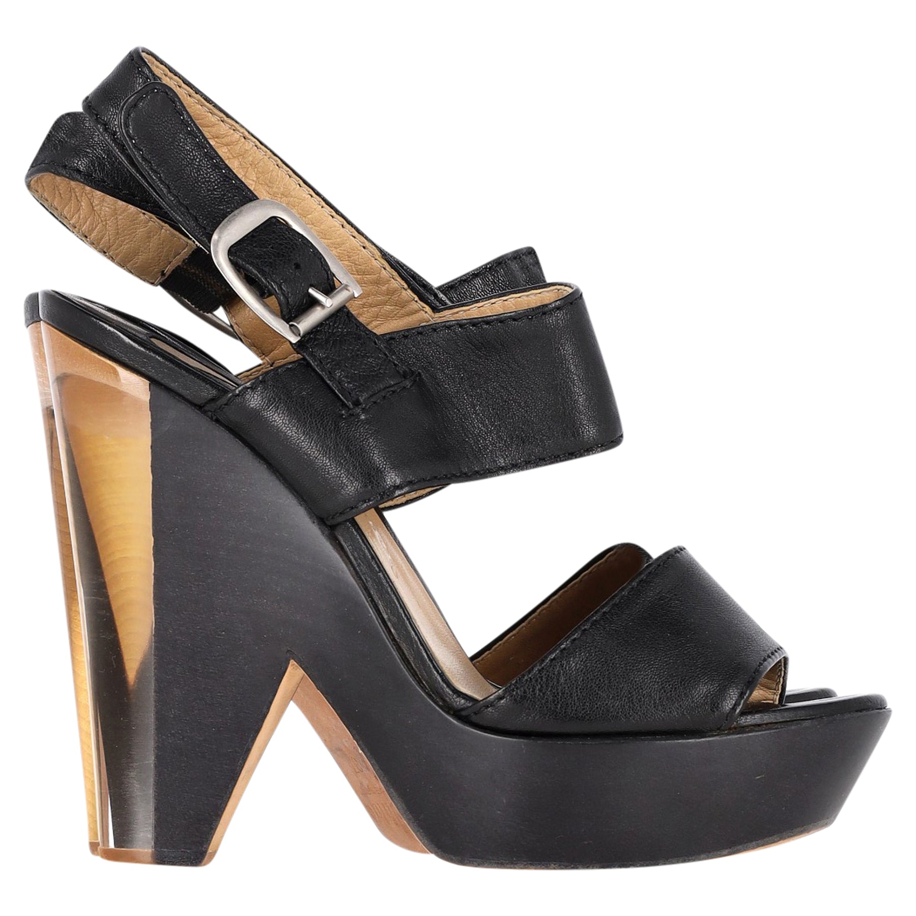 Chloe Plateauschuhe aus schwarzem Leder und Holz