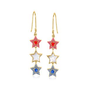 Ross-Simons Rubin, Saphir und Mother Of-Perle Stern Drop Ohrringe mit roter und blauer Emaille in 18kt Gold über Sterling