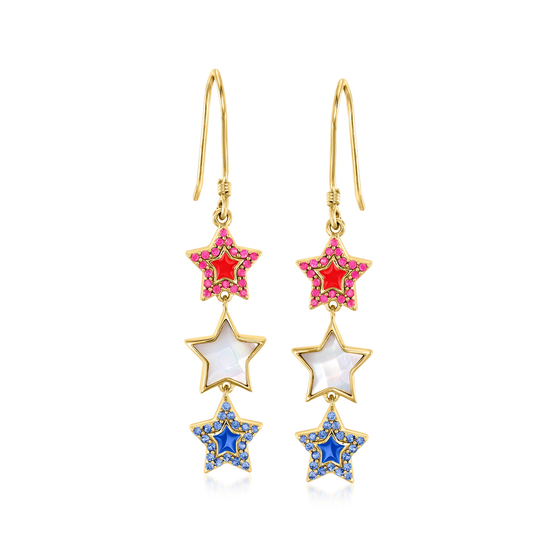 Ross-Simons Rubin, Saphir und Mother Of-Perle Stern Drop Ohrringe mit roter und blauer Emaille in 18kt Gold über Sterling