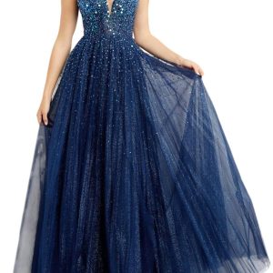 Spaghetti Straps Embellished Ballgown in Marine