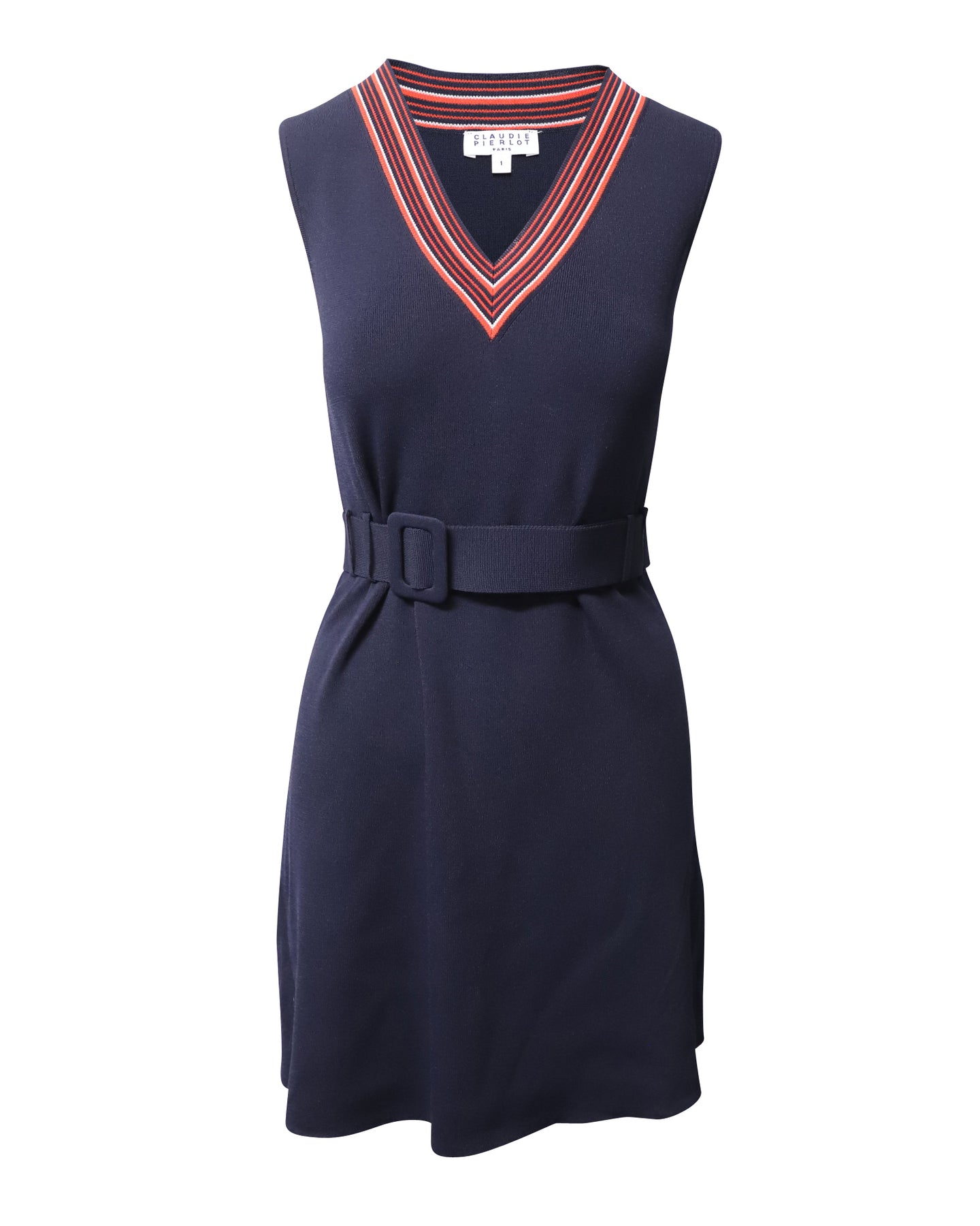 Claudie Pierlot Gestreiftes Kleid mit V-Ausschnitt in Marineblau Viskose