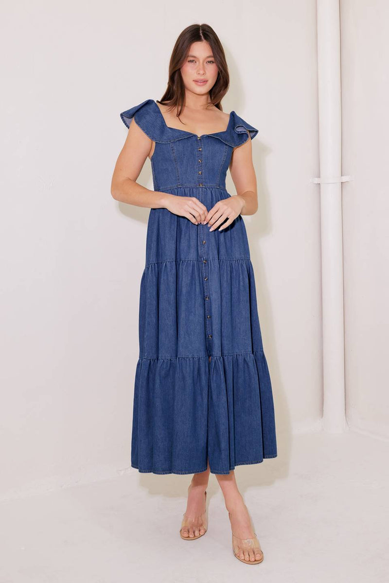 EINMAL UPON A TIME Denim Blau MIDI Kleid