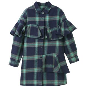 Kinder Plaid vor Rüschen Kleid in Marine / grün