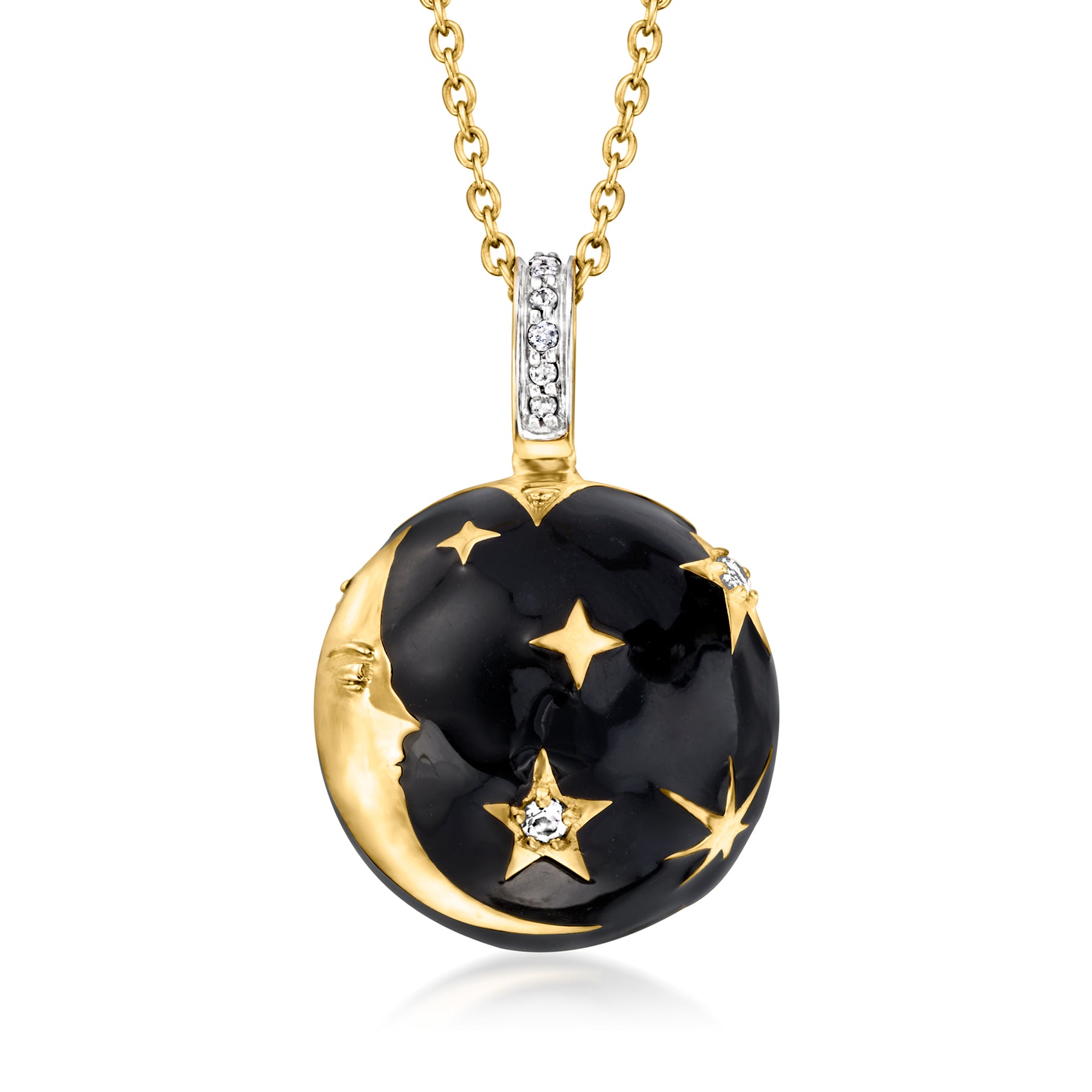 Ross-Simons Schwarze Emaille und. Weiß Topas Mond und Sterne Anhänger Halskette in 18kt Gold über Sterling