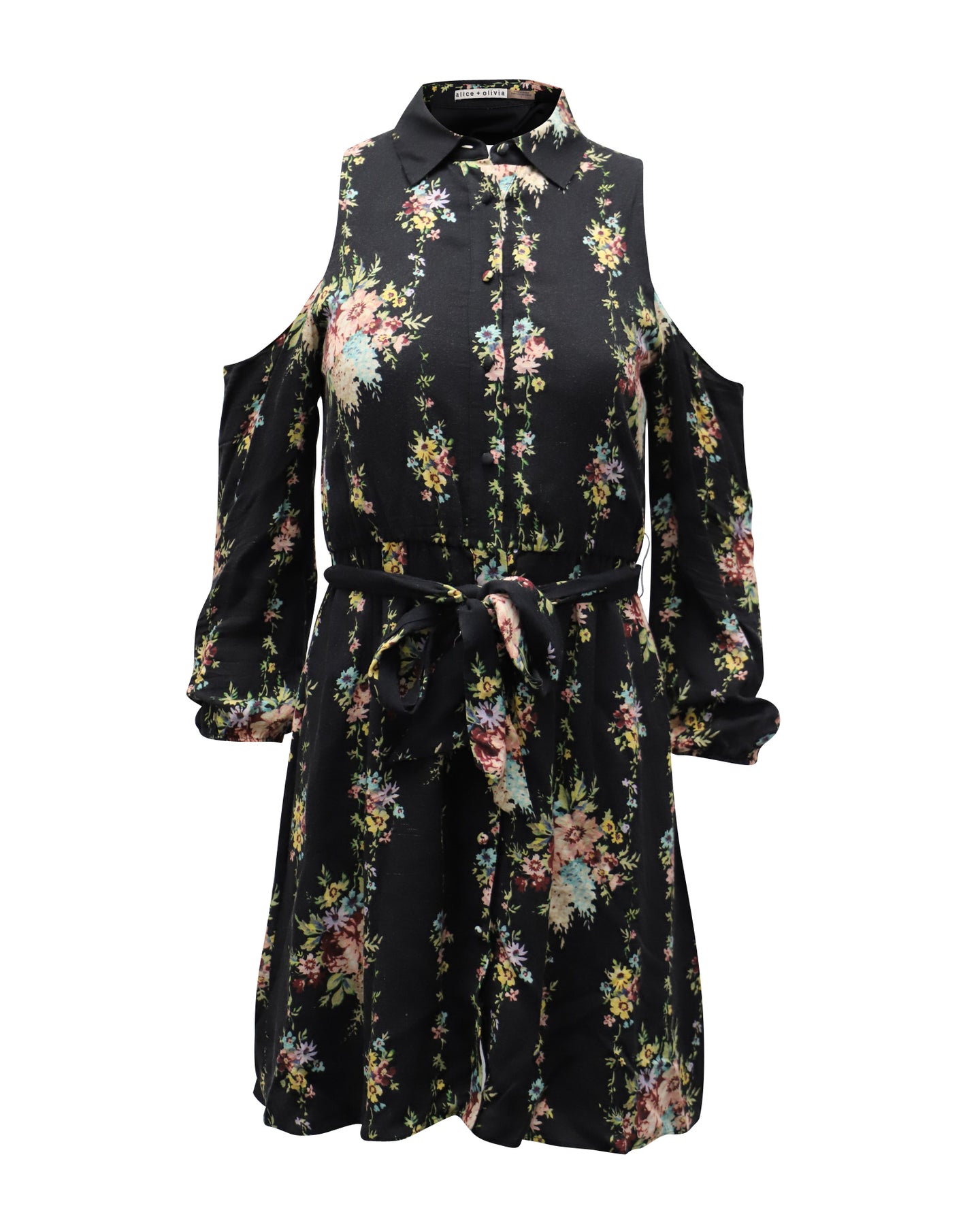 Alice + Olivia Blumenmuster Kalte Schulter Gürtel Karina Hemd Kleid in Schwarz Viskose