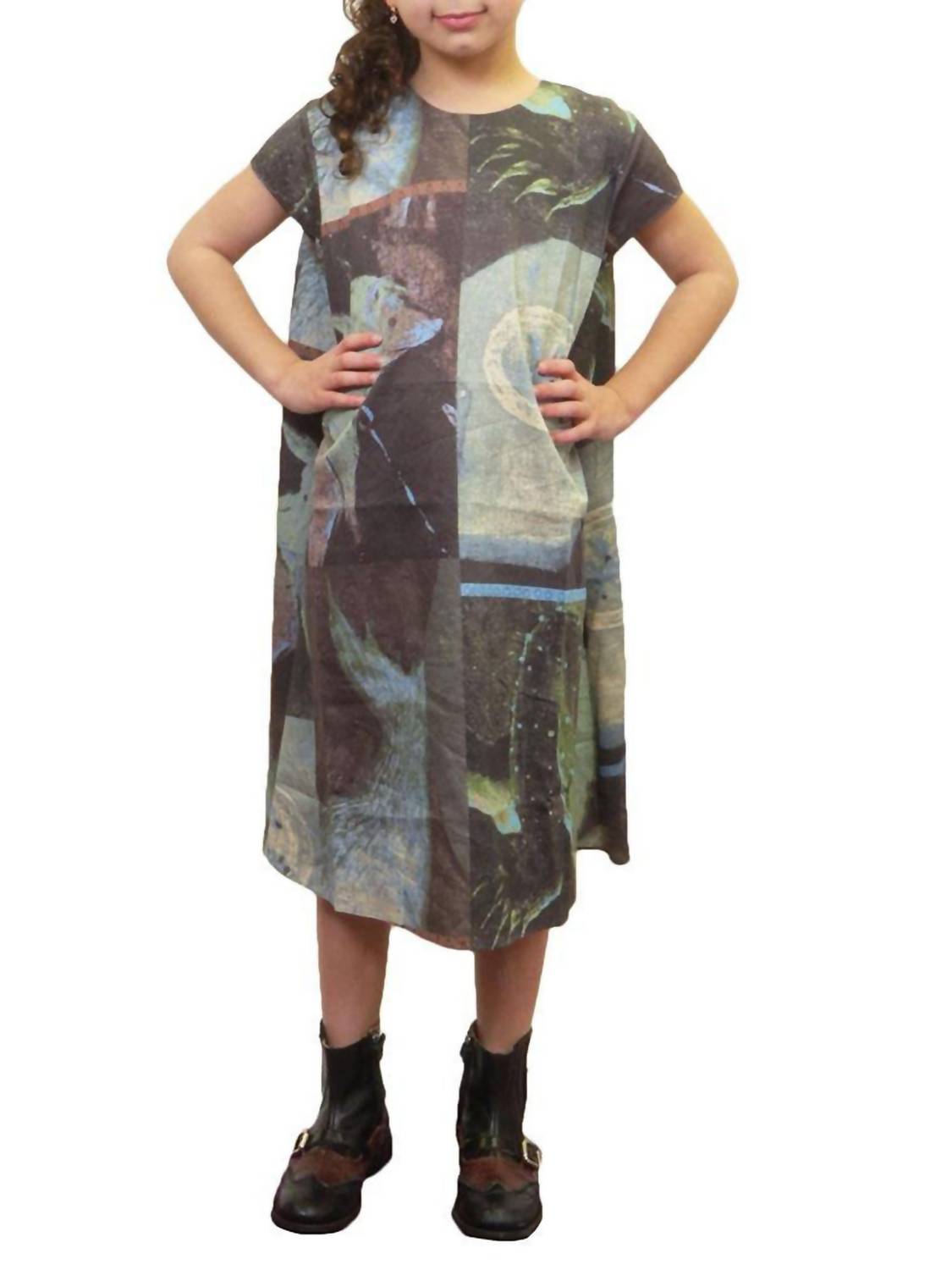 Mehrfarbig Muster Kappe Ärmel Kleid