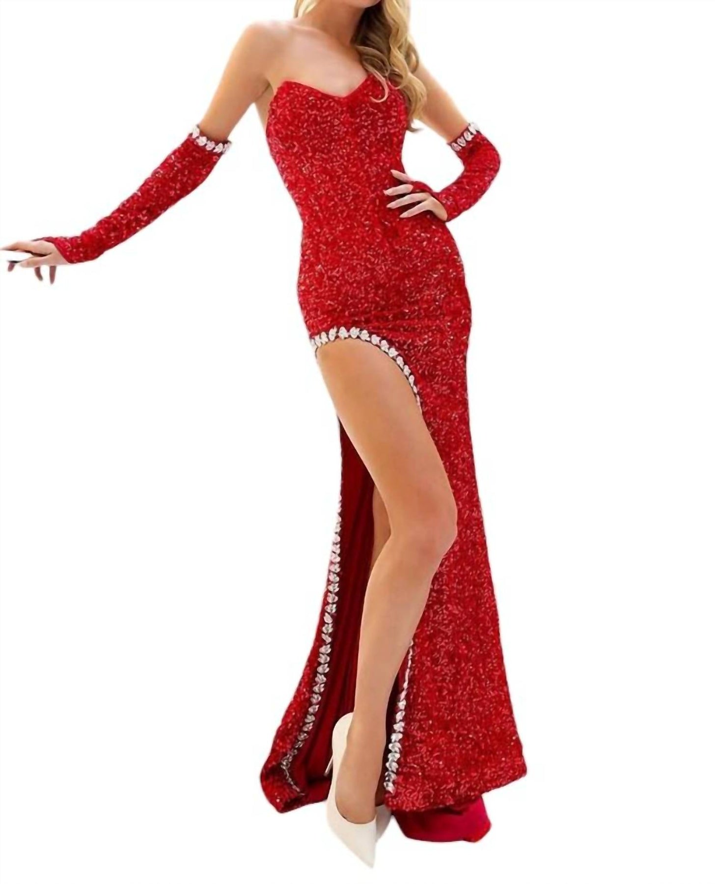 Samt Pailletten Abendkleid in Rot