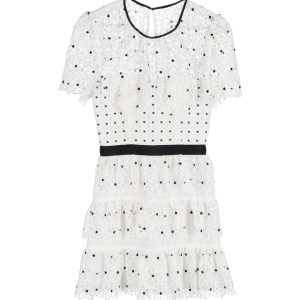 Self-Portrait gestuftes, gepunktetes, florales Spitzen-Rüschen-Minikleid aus weißem Polyester