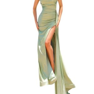 lycra Einbau trägerlosen Schlitz Kleid in Salbei