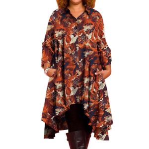 3/4 Ärmel Birdie Plus Größe Tunika Kleid mit Taschen in verbrannten orange Pinsel
